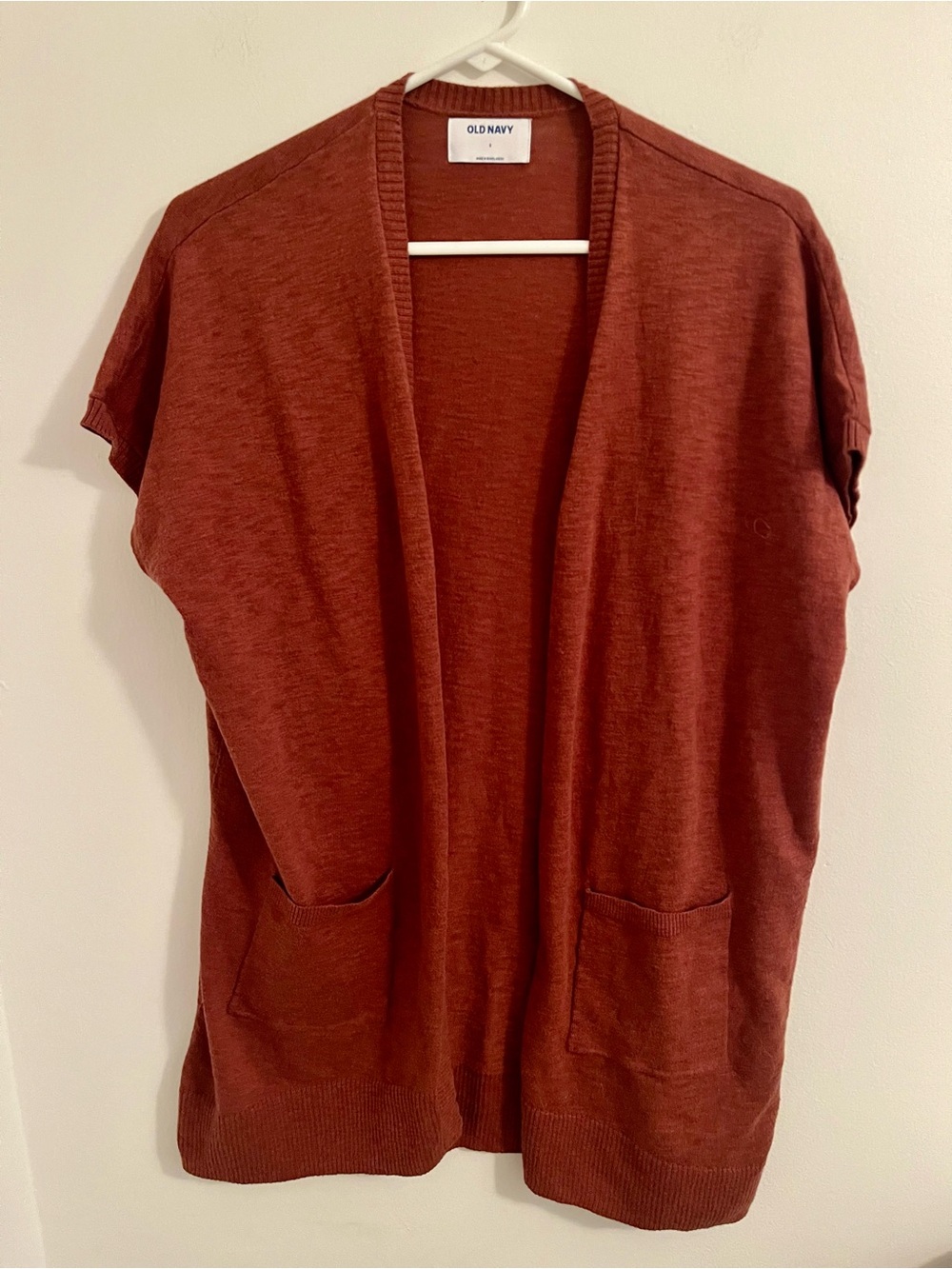 Old Navy Rust-Red Open Front Short-Sleeve Cardigan with Pockets